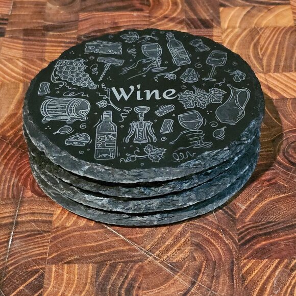 Set of 4 Laser-Engraved Slate Coasters Wine-Themed Handcrafted 4x4 Coasters - Picture 3 of 4